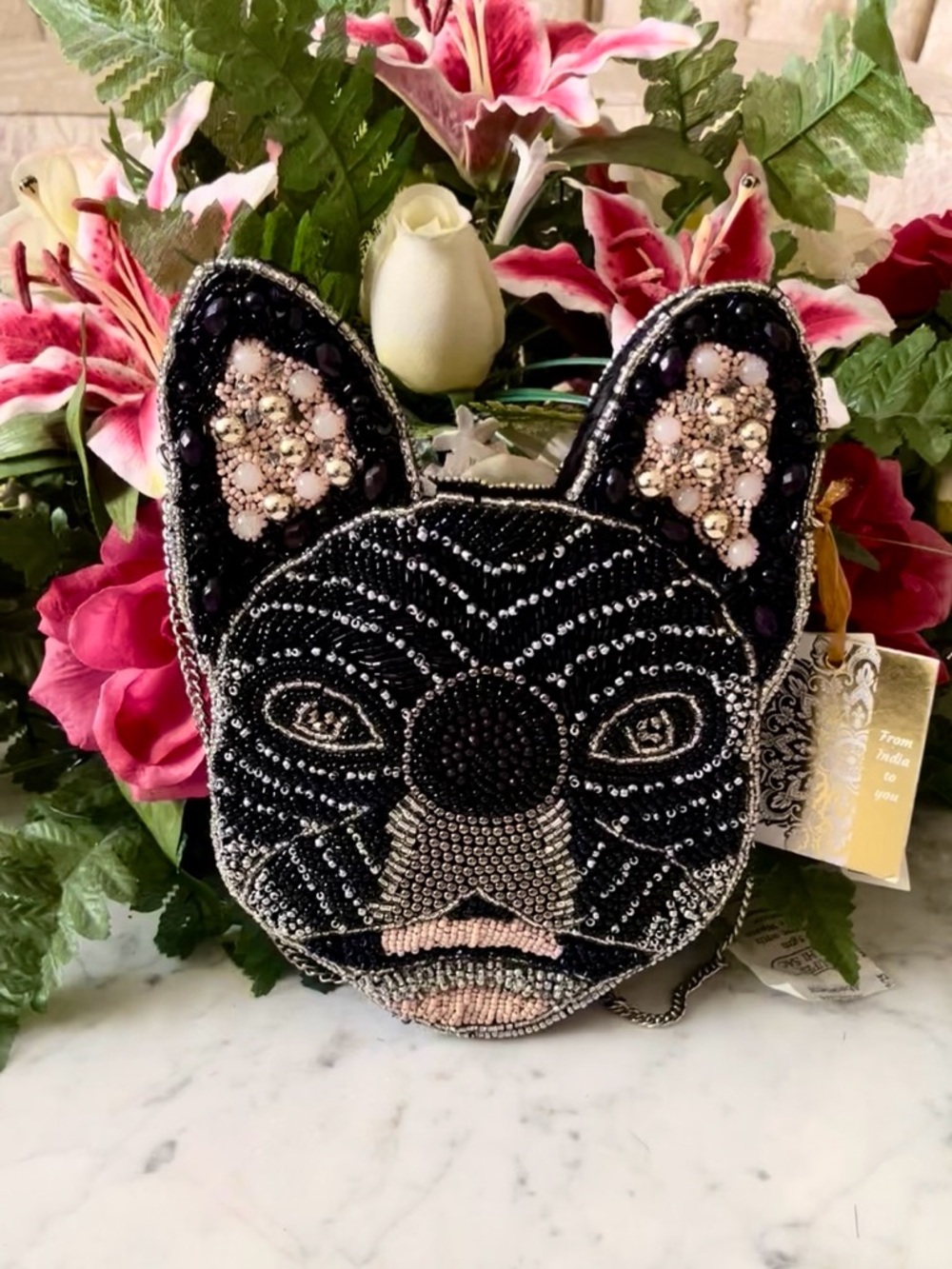 French Bulldog Crossbody Beaded Bag Handmade in India